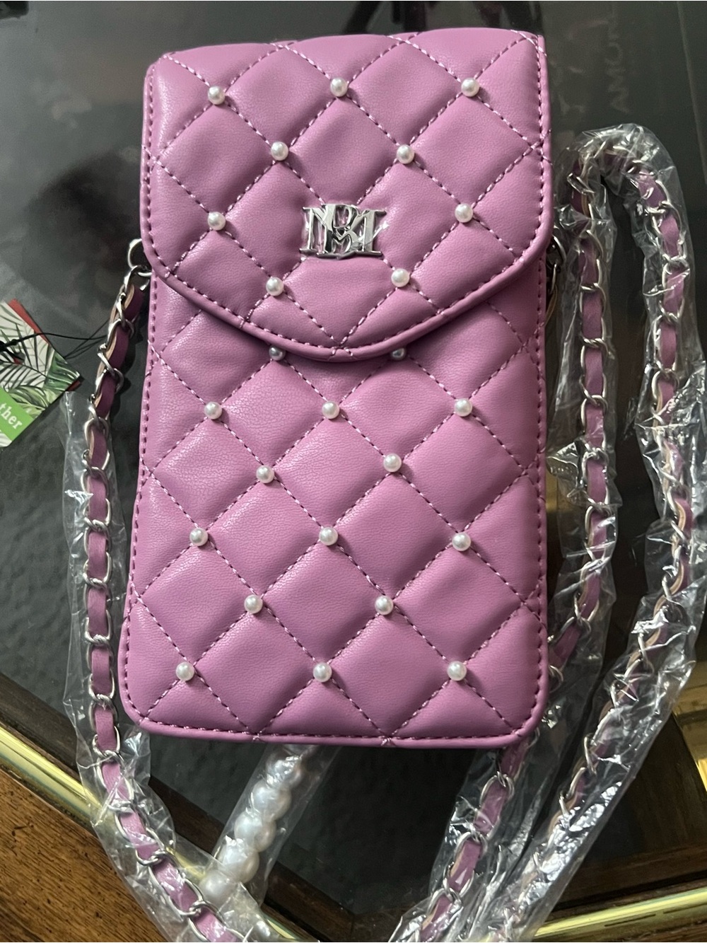 Badgley Mischka Quilted Pearl-Accent Pink Crossbody Phone Bag